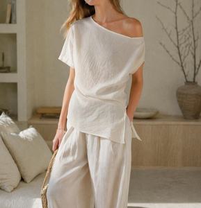 Blusa Blanca de Rayón Vintage con un Solo Hombro, Manga Corta, Asimétrica, Holgada, Minimalista, Transpirable, para Primavera, Verano e Invierno - Product Image 1