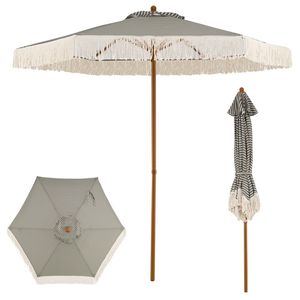 Ombrellone da Patio Boho con Frange da 7 Piedi, Tettoia Verde a Righe, Ventilazione Antivento, Palo in Alluminio, Ombrellone da Spiaggia per Esterni con Nappe in Cotone per Cortile - Product Image 1