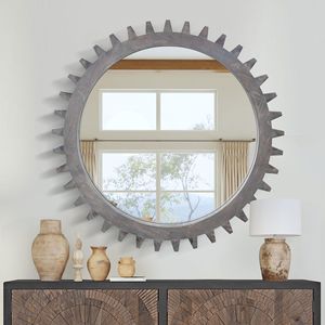 Antica corteccia marrone 42 ''X 42'' in legno Vintage specchio decorativo appesa forma di ingranaggio per bagno di arredamento soggiorno - Product Image 2