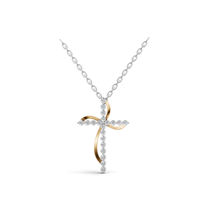 จี้สร้อยคอรูปกางเขนประดับเพชรแล็บโกรว์ 18K ทองคำแท้ พร้อมริบบิ้นสองสี ชุบโรเดียม ได้รับการรับรองจาก IGI เครื่องประดับคุณภาพสูง - Product Image 1