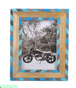 Cadre photo en bois artisanal de luxe à rayures diagonales bleues et grises, élégant, bicolore, en bois naturel, décoration élégante - Product Image 3