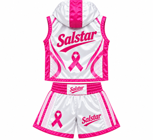 Shorts de boxe roses personnalisés, veste à capuche pour femmes, uniforme de boxe en satin, vêtements de sport pour la sensibilisation au cancer du sein, fabricant OEM - Product Image 1