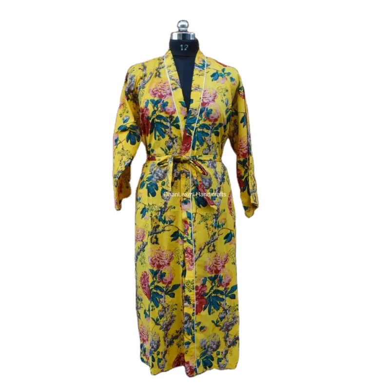 Yellow Floral Hand Block Print Hippie & Bohemian Maxi Wholesale Beachwear Women's Nighty Indian Long Robe Gown Kimono