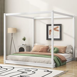 Lit plateforme à baldaquin blanc King Size avec pieds de support, literie rembourrée haut de gamme - Product Image 1
