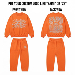 Men Sweat Suit Premium Cotton Polyester <b>Fleece</b> 320 GSM <b>Orange</b> Jogger Set Custom Rhinestone Heat Transfer Logo Wholesale Apparel - Product Image 1