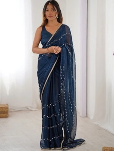 Sari de Chifón KV con Adornos para Uso Diario, Ligero, Elegante, Estilo Étnico para Fiestas, para Mujer, con Blusa sin Coser - Product Image 5