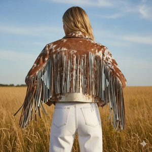 Western Women's Brown Cowhide Motorcycle <b>Jacket</b> Turn-Down Collar Full Sleeve <b>Fringed</b> Breathable Plus Size Woven Spring Wear - Product Image 4