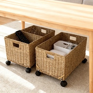 Set of 2 woven seagrass <b>baskets</b> with wheels Handmade <b>Storage</b> <b>Basket</b> Wholesale eco-friendly Made in Vietnam - Product Image 3
