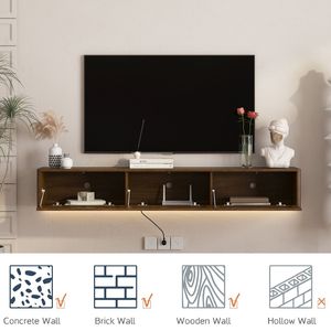 High Gloss Wall Mounted TV Stand <b>Floating</b> Wood Cabinet with LED Lights and Power Outlet for Living Room - Product Image 5