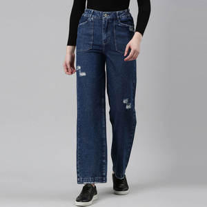 High <b>waist</b> custom logo Vintage blue distressed denim Wide leg ripped <b>jeans</b> Denim pants for women Best Selling <b>Jeans</b> - Product Image 1