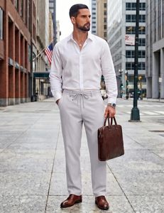Pantalon décontracté pour homme en tissu peigné respirant, séchage rapide, écologique, avec cordon de serrage, coupe décontractée, mi-droite, été - Product Image 4