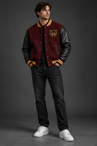 Blouson universitaire homme bordeaux et noir avec manches en cuir personnalisées, style Letterman, streetwear universitaire, boutons-pression, tricot côtelé, vêtements OEM - Product Image 6