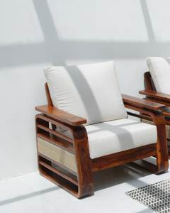 Sculpted Solid Teak Wood Bar <b>Stool</b> featuring Signature Cane Inlay High-Back Counter Seating with Seamless Joinery - Product Image 1
