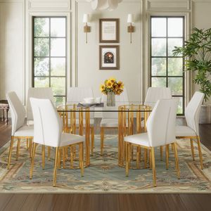 Tavolo da Pranzo Ovale di Lusso in Vetro Temperato da 71 Pollici e Set di 8 Sedie Bianche in PU con Colonna Doppia Dorata, Arredamento per Sala da Pranzo - Product Image 3