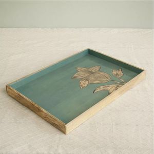 Juego de bandejas de madera de mango hechas a mano con estampado de esmalte, bandeja cuadrada decorativa de madera para mesa de centro y otomanas - Product Image 5