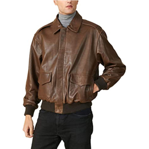Blouson aviateur en cuir véritable marron pour homme, col rabattu, fermeture éclair, vêtement décontracté pour l'automne - Product Image 1