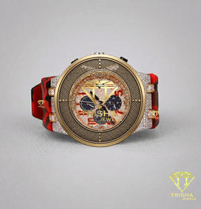 High End Luxury Men’s Watch With <b>Chronograph</b> Dial Gold Tone Case Red Strap Sparkling Detail Fashion Wristwatch For Wholesale - Product Image 1