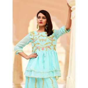 Ensemble Lehenga A-Line Turquoise Fait Main Exclusif Taille XS Taille Empire Imprimé Floral Tissu Organza - Product Image 6