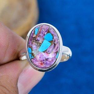Handmade Natural Spiny Purple Oyster Copper Turquoise Cushion Shape Ring 18k Gold Microne Over 925 Sterling Silver - Product Image 2