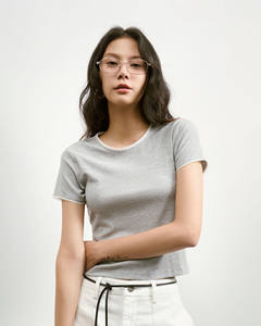 Camiseta Corta de Cuello Redondo para Mujer, de Alta Calidad, con Ribete de Encaje, Color Sólido, Algodón, Corte Ajustado, Transpirable, de Secado Rápido, para Verano - Product Image 1