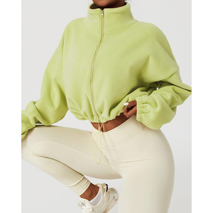 Nueva Llegada Sudadera Corta con Cierre para Mujer, Color Verde Lima, 100% Algodón, Secado Rápido, Cuello Alto, Hombros Caídos, Manga Larga - Product Image 3