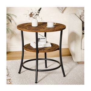 Rustic Industrial Coffee Accent <b>Table</b> – 2-Layer <b>Round</b> Beverage Stand with Textured Amber Wood Grain Tops and Curved Matte <b>Black</b> - Product Image 1