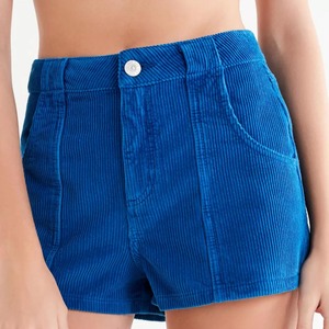 Shorts en velours côtelé bleu uni taille haute pour homme, style décontracté, tissu tissé, longueur courte, fermeture boutonnée - Product Image 3