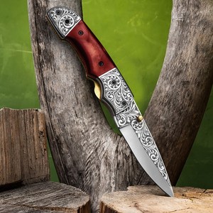 Navaja Plegable Utilitaria con Hoja de Acero de 20.8cm, Punta de Gota, Perilla de Pulgar, Mango de Madera, Diseño Artístico, 0.5mm, 6.7in de Longitud Total - Product Image 3