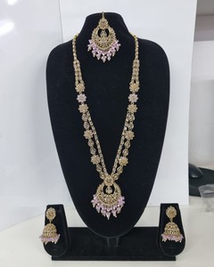 Delicate Floral Alloy Kundan Rani Haar <b>Set</b> Long Necklace <b>Beads</b> Traditional Jhumkas 3 Piece Ethnic Wedding Party Gift Collection - Product Image 3