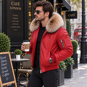 <b>Men's</b> Red Leather Bomber <b>Jacket</b> with Fur Hood Plaid Pattern | Giacca Uomo | <b>Summer</b> Casual - Product Image 4