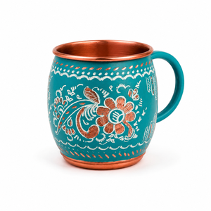 Mug artisanal en cuivre pur avec motif floral émaillé turquoise 350 ml, tasse à eau ayurvédique, tasse à café ou à thé, cadeau vintage fait main - Product Image 1