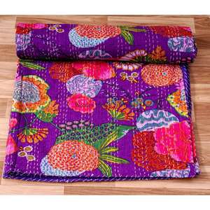 Edredón Kantha de Algodón Orgánico Hecho a Mano, Tamaño Queen, Reversible, para Todas las Estaciones, Decoración Vintage para el Hogar, Ropa de Cama con Estampado a Bloque - Product Image 3