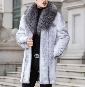<b>Men's</b> Shawl Collar Mink Faux Fur Woven Overcoat <b>Long</b> Soft Fluffy Winter Trench Outerwear - Product Image 1