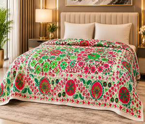 Wholesale King Size Luxury Kantha Organic Cotton Handmade <b>Bed</b> <b>Sheet</b> Green Red Embroidered Suzani Decorative Home Hotel Use - Product Image 1