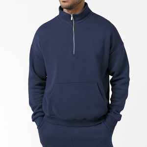 Men's <b>Navy</b> Blue Quarter Zip <b>Sweatshirt</b> Set Regular Fit Casual Solid Color Knitted French Terry Autumn Wear - Product Image 1