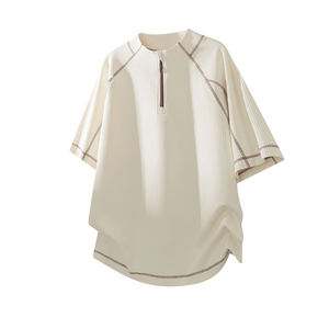 T-shirt Homme Oversize en Maille Gaufrée à Manches Courtes, Col Rond, Fermeture Éclair, Décontracté, Respirant, Couleur Unie, 100% Coton, Séchage Rapide - Product Image 1