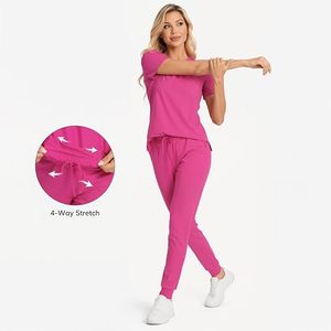 Conjunto de Uniforme Médico para Mujer, Color Rosa, Cuello en V, Manga Corta, Pantalones Jogger, Algodón y Poliéster, Tejido de Punto - Product Image 2