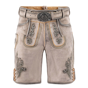 Lederhosen pour homme avec ceinture, gris pierre, en cuir vieilli, shorts brodés 3D, style bavarois pour l'Oktoberfest, sans bretelles - Product Image 1