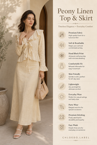 Beige Cotton-<b>Linen</b> Ruffled V-Neck Two-Piece Set | Long Sleeve Peplum <b>Top</b> Tiered Maxi Skirt Modern Breathable Natural Party Wear - Product Image 5