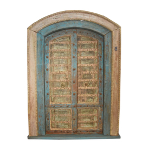 Haswani Handicrafts - Puerta de Madera de Estilo Antiguo con Marco, Puerta Doble Azul Vintage Tallada a Mano, Decoración Rústica - Product Image 1