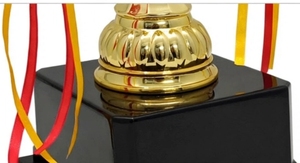 Golden <b>Trophy</b> Award with Black <b>Base</b> and Red Yellow Ribbons for Sports - Product Image 4