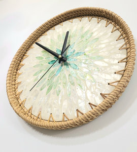 Vietnam Handmade 12 Inch Wall <b>Clock</b> Rustic Cottagecore Rattan Shell Design Minimalist Modern Green <b>White</b> Home Decor Supplier - Product Image 5