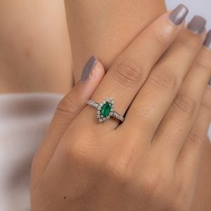 14K White Gold Natural Emerald Statement <b>Ring</b> for Women Resizable Solid Gold - Product Image 4