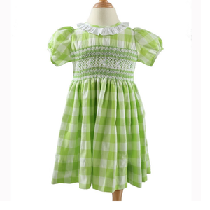ชุดเดรสเด็กผู้หญิงคุณภาพสูง ตกแต่งสม็อค สำหรับเด็กทารก ออกแบบเองได้ พร้อมผ้าฝ้ายแขนสั้นสีเขียวลายตาราง - Product Image 2