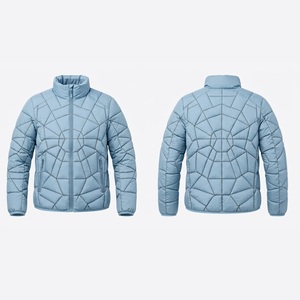 Men Light Blue Geometric <b>Quilted</b> Puffer Bubble Spider <b>Jacket</b> Stand Collar Zipper Closure Windproof Winter Spider <b>Pattern</b> <b>Jackets</b> - Product Image 1