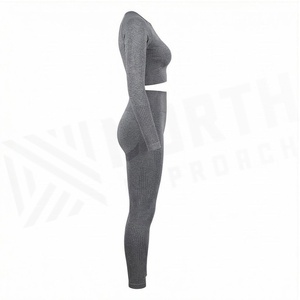 Gray 2 Piece Yoga Set Crew Neck Long Sleeve <b>Crop</b> <b>Top</b> High Waist Full Length Leggings <b>Mesh</b> Breathable Seamless Women's Sportswear - Product Image 3