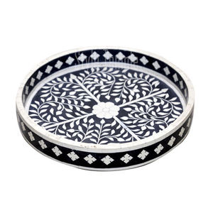 Large Handcrafted Wood Inlay Modern Abstract Pattern Wedding Round Decorative Tray with Integrated Handles - Product Image 3