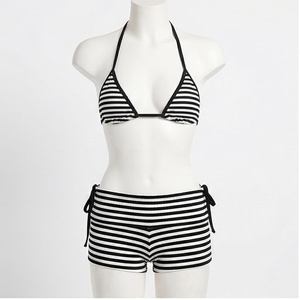 Women's Striped Ribbed <b>Bikini</b> <b>Set</b> Halter Top With Drawstring Shorts Swimwear Two Piece Beachwear - Product Image 1