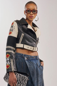 PU Leather Moto <b>Jacket</b> With Embroidery <b>Patchwork</b> Design Turn-down Collar Belt Closure Short Length Unisex Autumn Style - Product Image 5