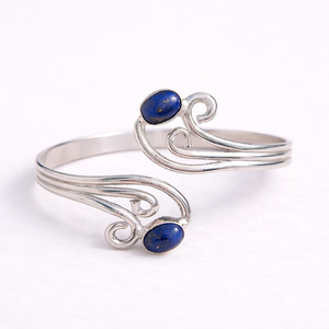 Bracelet manchette ouverte en Lapis Lazuli naturel et argent sterling avec motif tourbillon, ajustable, style victorien, bracelet statement - Product Image 2
